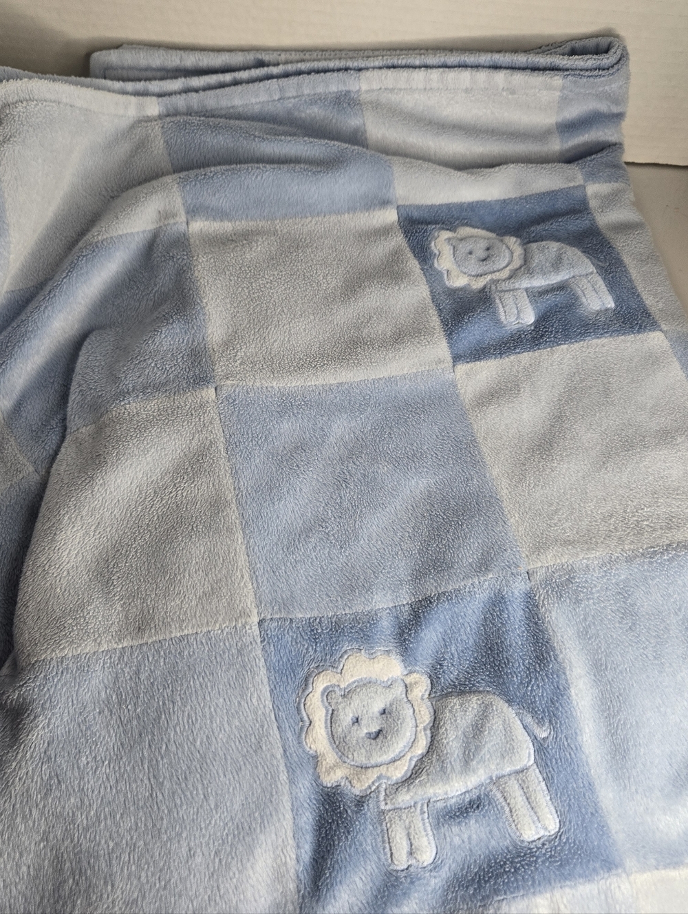 Amy Coe Limited Ed Blue Lion Patchwork Squares Baby Blanket Security 30x40"